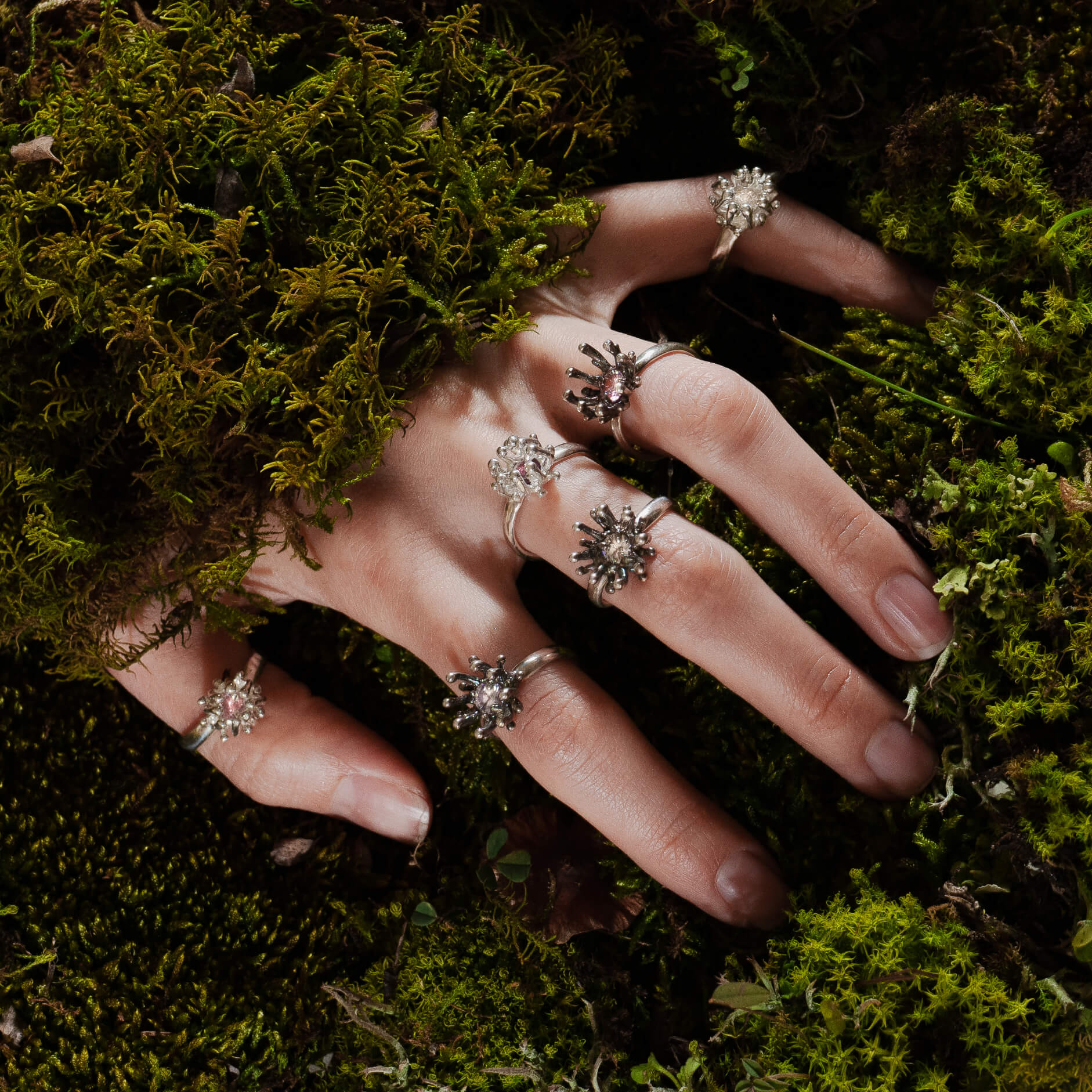 A hand adorned with multiple Cordyceps rings rests among lush green moss, emphasizing the organic inspiration behind the design. Each ring features intricate silver structures and vibrant crystal zirconium stones, evoking the beauty of fungi sprouting from nature.