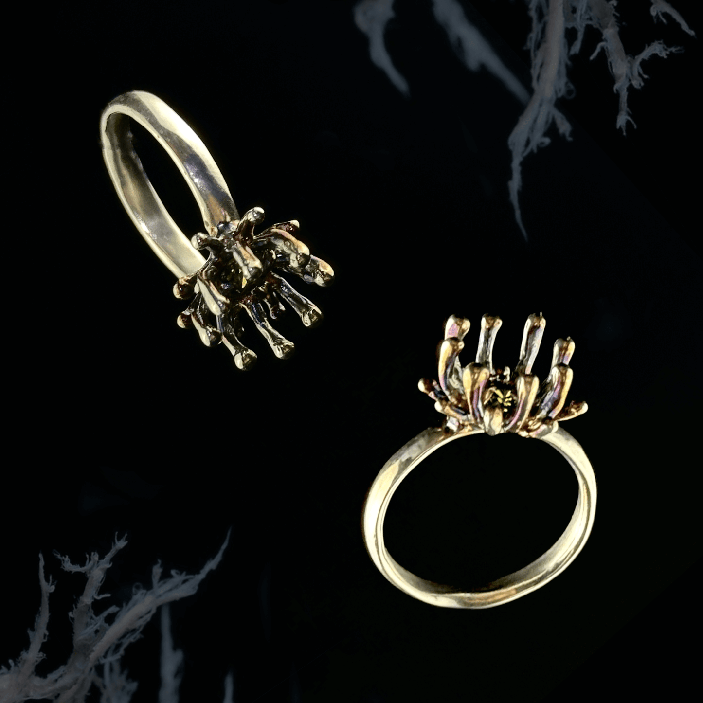Close-up of the Cordyceps ring, designed with a unique fungal-inspired motif crafted from silver and featuring crystal zirconium. Set against a dark background, the ring's intricate organic design is highlighted.