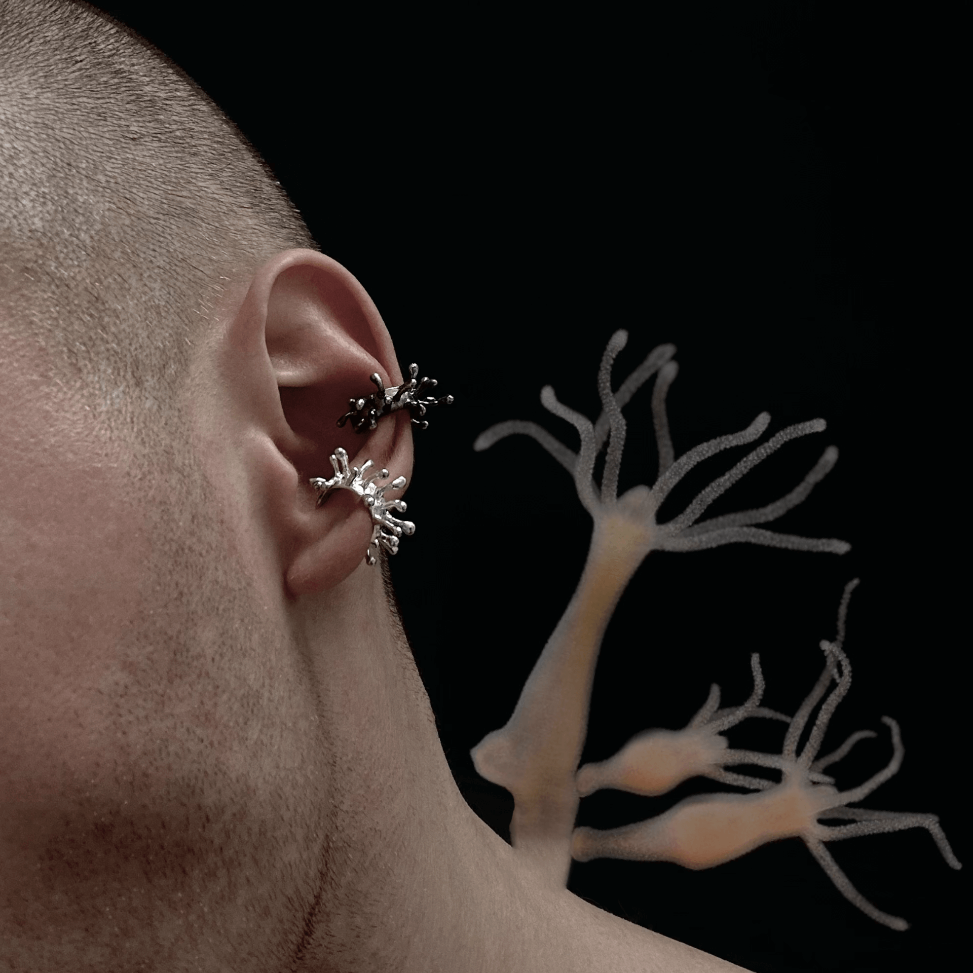 A close-up of a person wearing two Hydra earcuffs, one silver and one black, clipped onto the ear. The earcuffs' tentacle-like forms extend outward, blending with the surreal background illustration of hydra organisms.