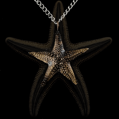 A close-up of the starfish pendant, featuring intricate detailing that mimics the natural texture of a real starfish. The necklace hangs from a silver chain against a black background with a blurred starfish-like pattern.